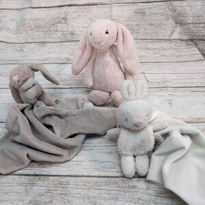 Jellycat Lot of 3 – Pink bashful bunny, Grey bunny soother, White Lovey soother